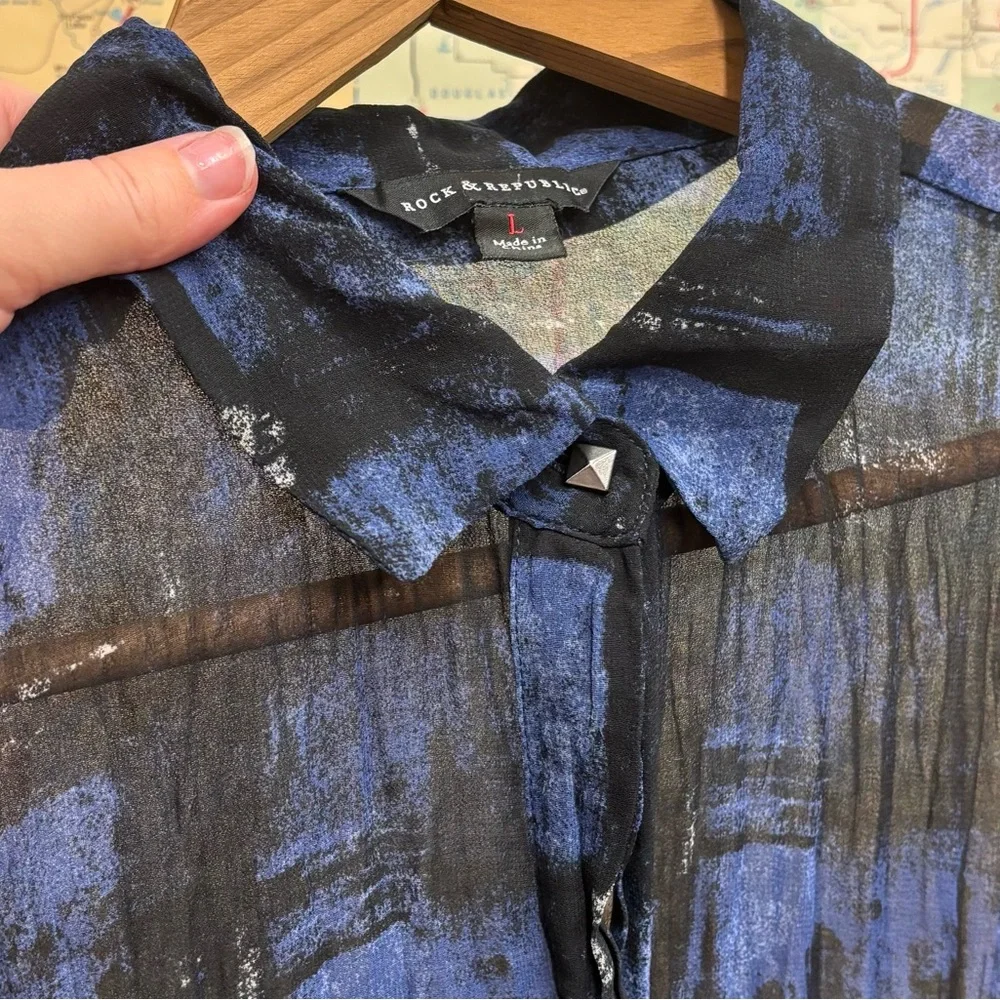 Rock & Republic sheer, blue and black button down, large - Picture 4 of 8